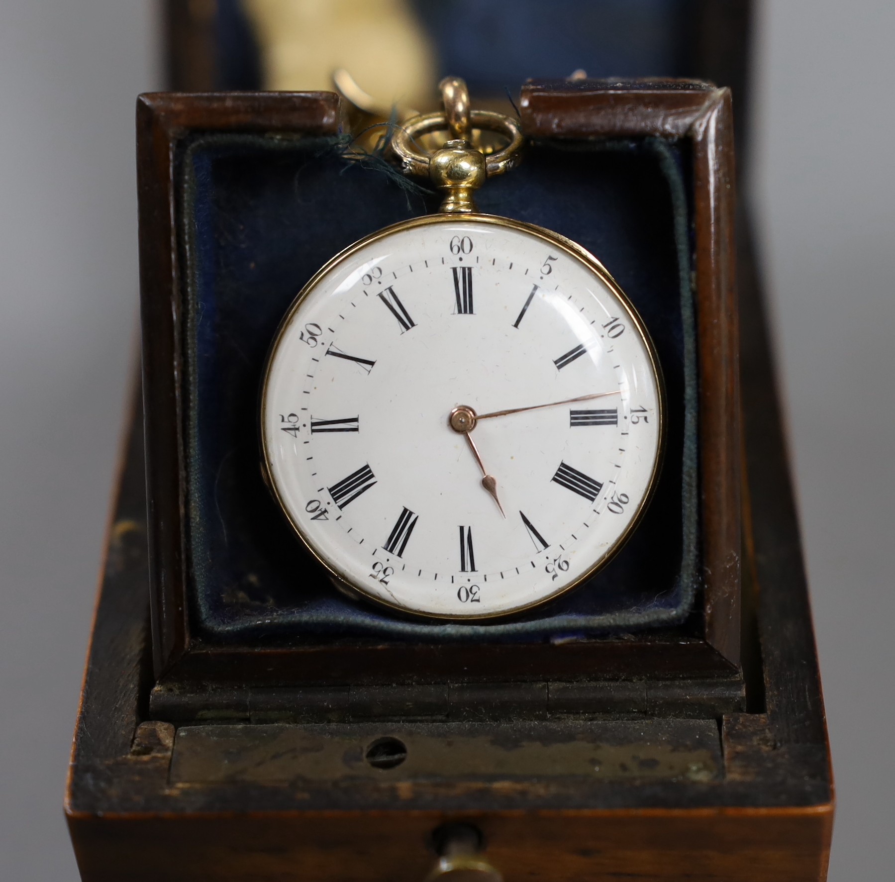 A 19th century Swiss yellow metal, black enamelled and rose cut diamond set fob watch with 9ct and black enamelled ribbon suspension bow brooch, gross weight 31.8 grams, win wooden carrying case, together with assorted w